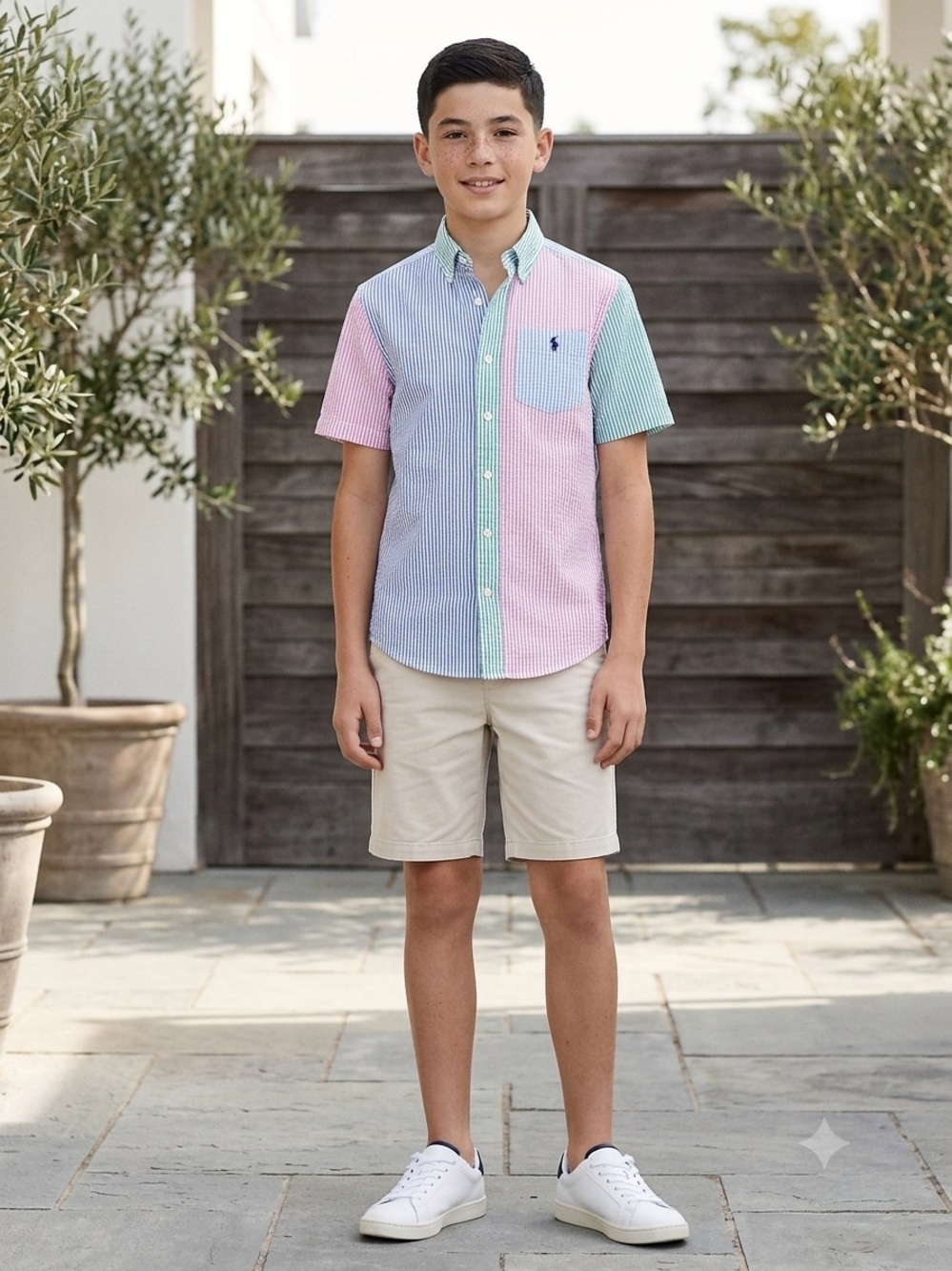 Polo Ralph Lauren Boys L 14-16 Colorblock Seersucker Short Sleeve Button Down